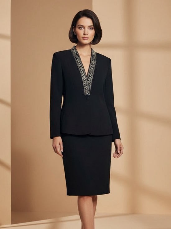 Kasper Dresses & Skirts - Kasper 3 Piece Long Black Skirt Gold Embroidered Dress Suit Ensemble Vintage 18